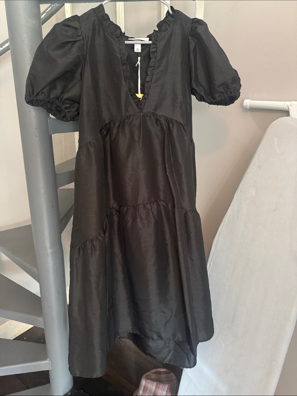 Kika Vargas Black Puff-Sleeve Tiered V-Neck Dress